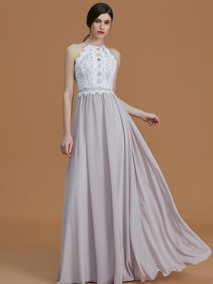 Wholesa A-Line/Princess Halter Sleeveless Floor-Length Lace Chiffon Bridesmaid Dresses