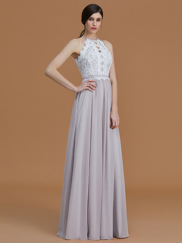 Wholesa A-Line/Princess Halter Sleeveless Floor-Length Lace Chiffon Bridesmaid Dresses