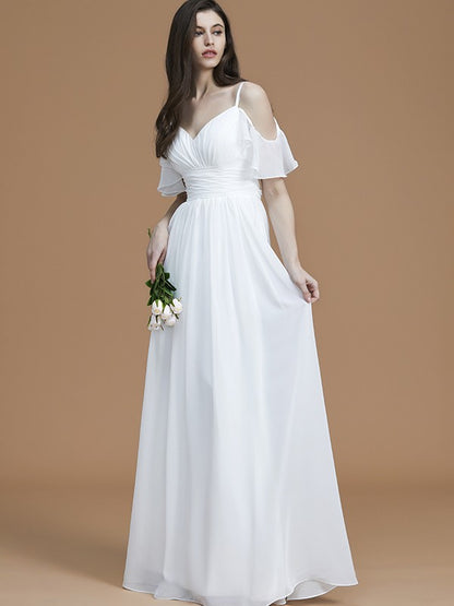 Wholesa A-Line/Princess Spaghetti Straps Sleeveless Floor-Length Ruffles Chiffon Bridesmaid Dresses