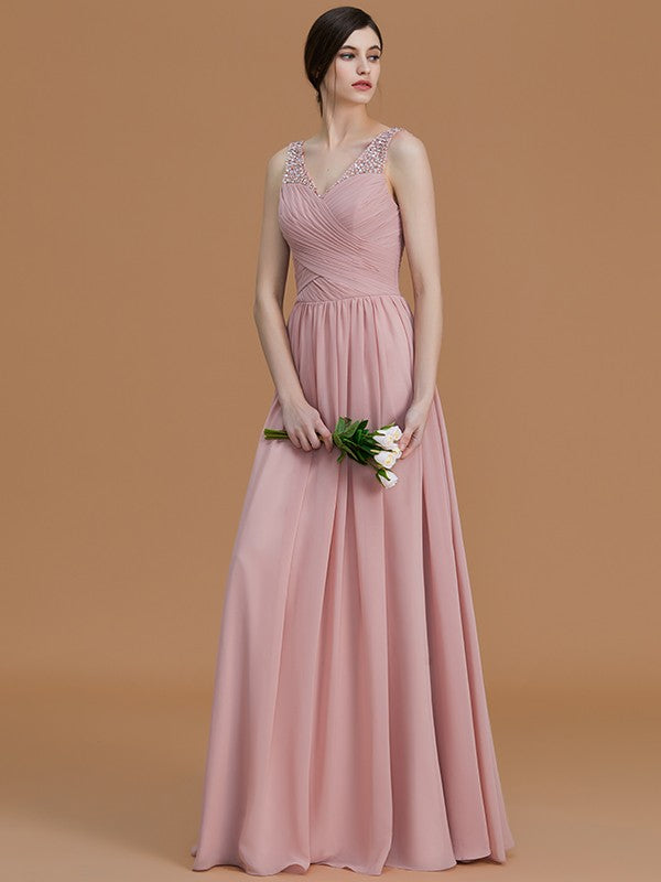 Wholesa A-Line/Princess V-neck Sleeveless Floor-Length Beading Chiffon Bridesmaid Dresses