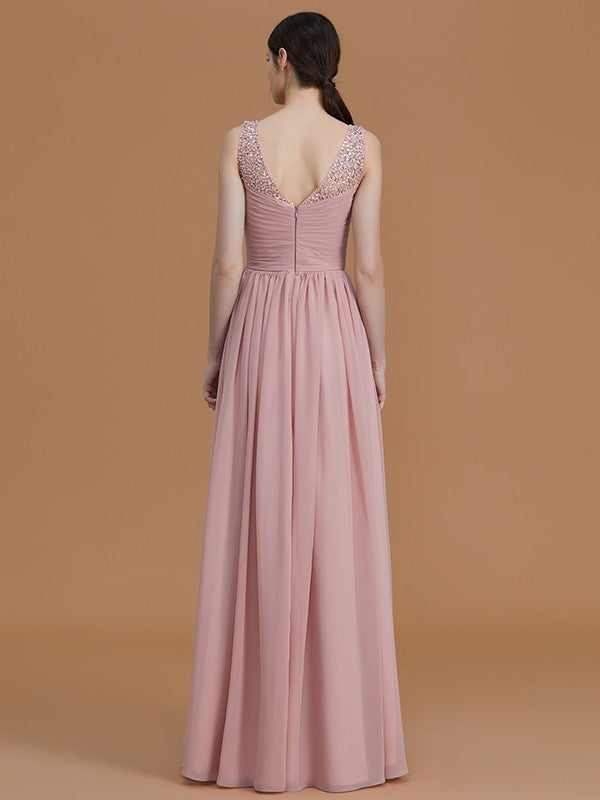 Wholesa A-Line/Princess V-neck Sleeveless Floor-Length Beading Chiffon Bridesmaid Dresses