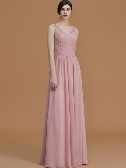 Wholesa A-Line/Princess V-neck Sleeveless Floor-Length Beading Chiffon Bridesmaid Dresses