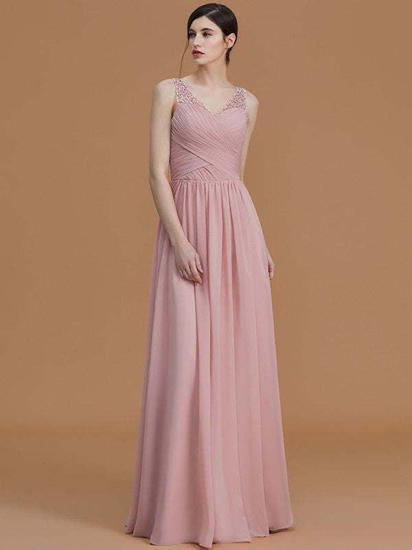 Wholesa A-Line/Princess V-neck Sleeveless Floor-Length Beading Chiffon Bridesmaid Dresses