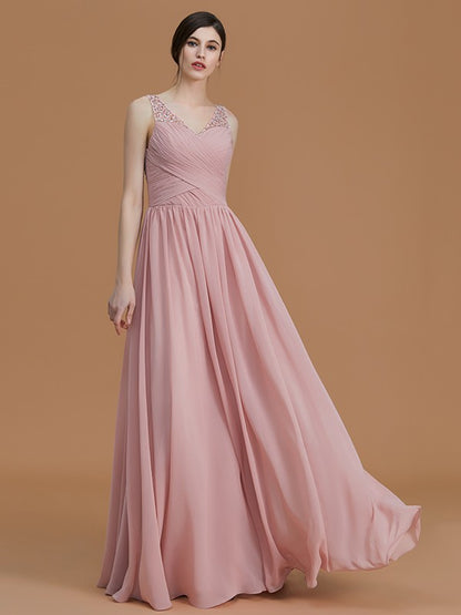 Wholesa A-Line/Princess V-neck Sleeveless Floor-Length Beading Chiffon Bridesmaid Dresses