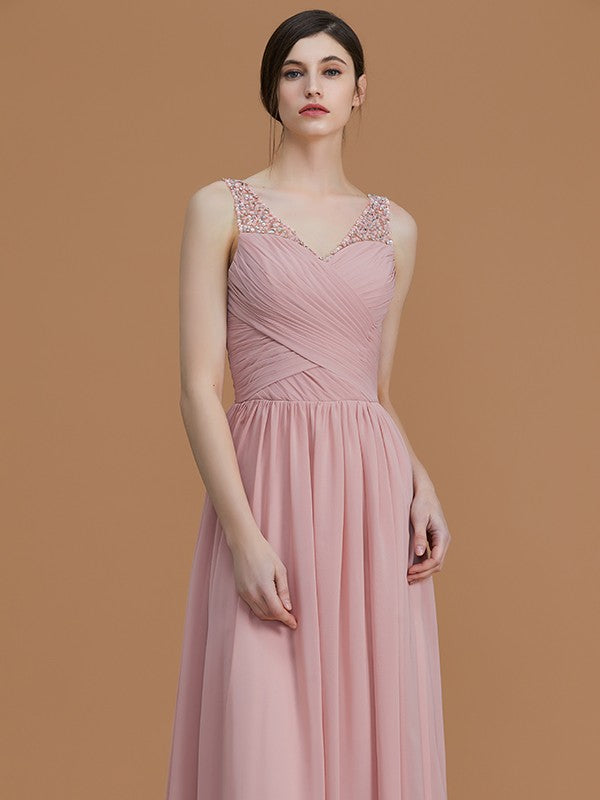 Wholesa A-Line/Princess V-neck Sleeveless Floor-Length Beading Chiffon Bridesmaid Dresses