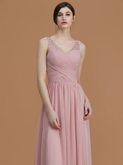 Wholesa A-Line/Princess V-neck Sleeveless Floor-Length Beading Chiffon Bridesmaid Dresses