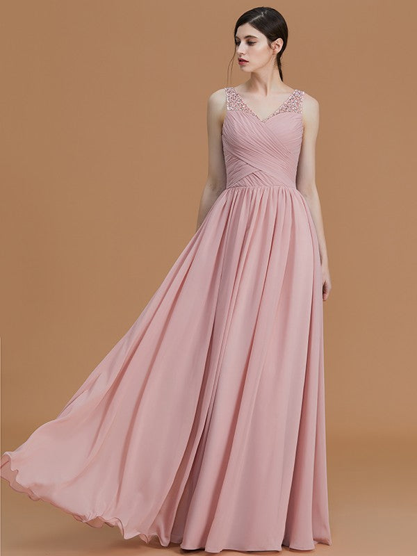 Wholesa A-Line/Princess V-neck Sleeveless Floor-Length Beading Chiffon Bridesmaid Dresses