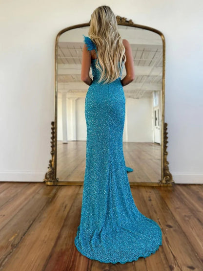 Wholesale Mermaid Graduation Dresses One Shoulder Sequins Prom Dress With Slit