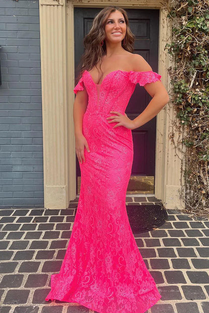 Wholesa Fuchsia Off the Shoulder Lace Mermaid Long Prom Dresses