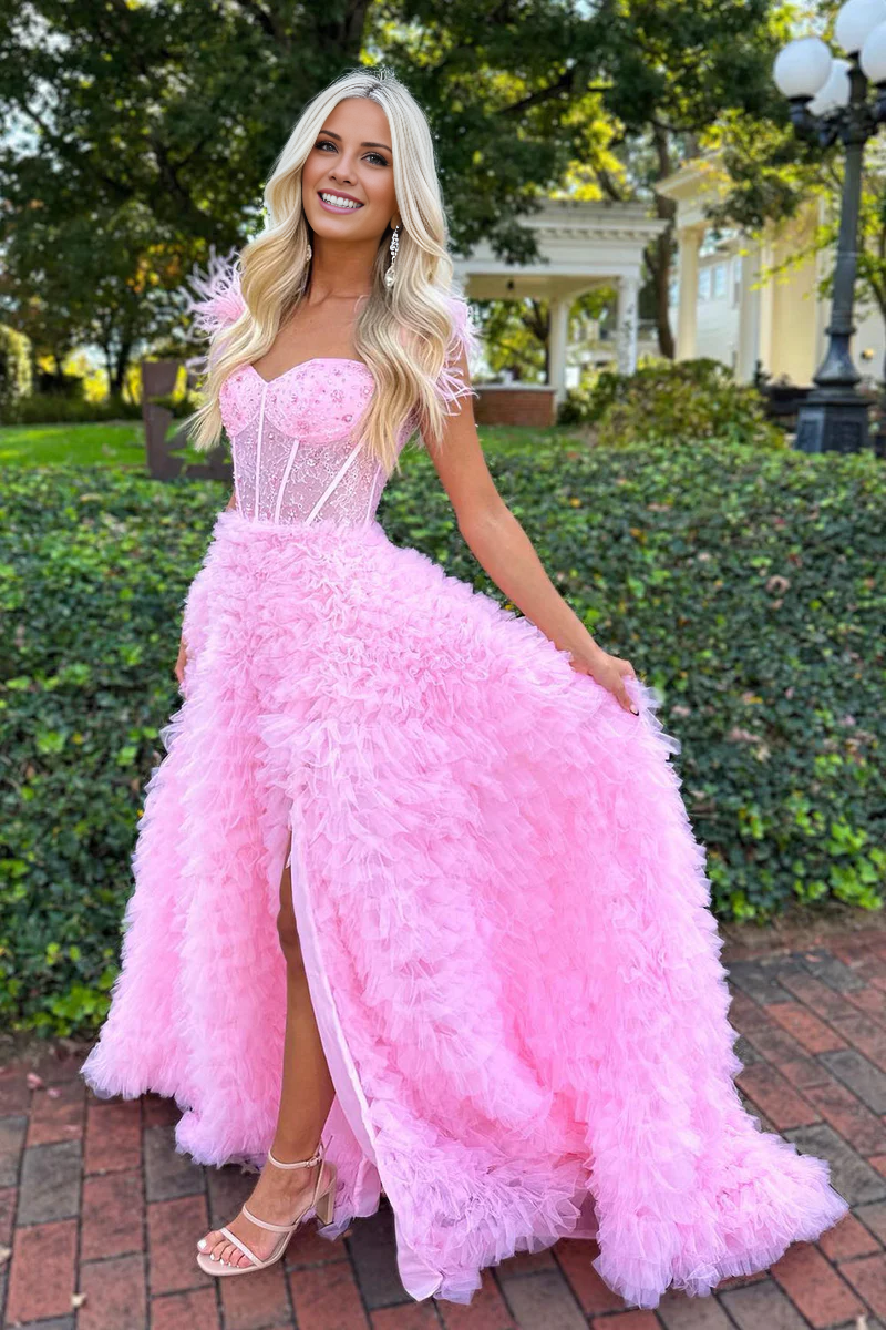 Wholesale A Line Sweetheart Tiered Tulle Long Prom Dress With Slit