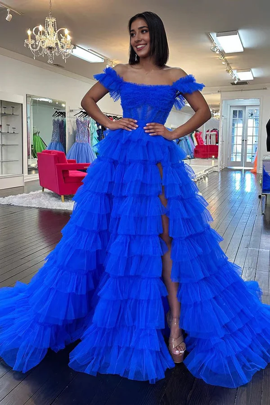 Wholesale Royal Blue Off the Shoulder Evening Dress Ruffle Tiered Tulle Long Prom Dresses with Slit