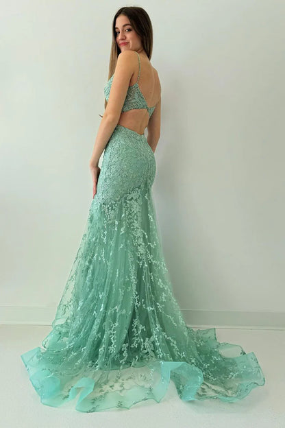 Wholesa Green V Neck Lace Mermaid Long Prom Dresses