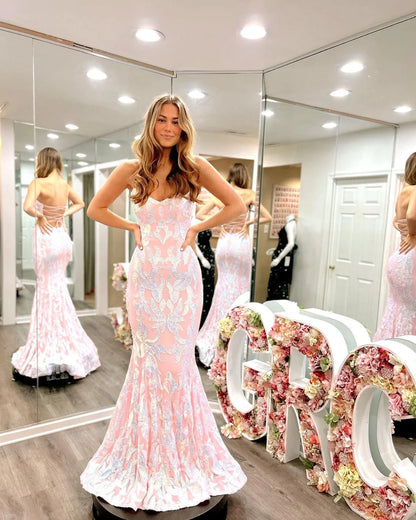 Wholesa Cute Mermaid Scoop Neck Blush Pink Satin Prom Dresses with Sequins Lace