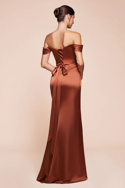 Wholesale Elegant Evening Dress Satin Fitted Off Shoulder Slit Gown Prom Dresses