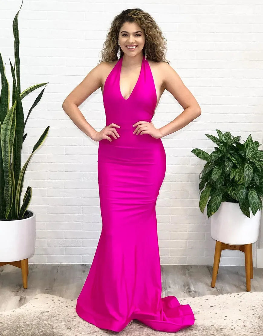 Wholesale Sexy Mermaid Halter Backless Satin Prom Dress