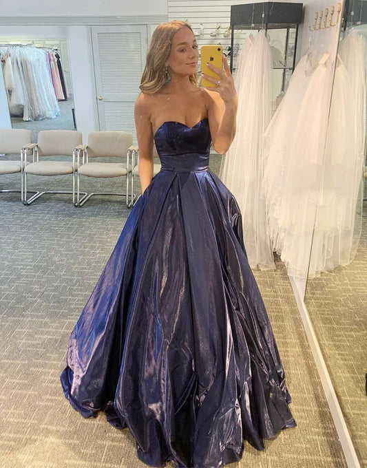 Wholesale Long Prom Dress A-Line Navy Blue Strapless Sweetheart