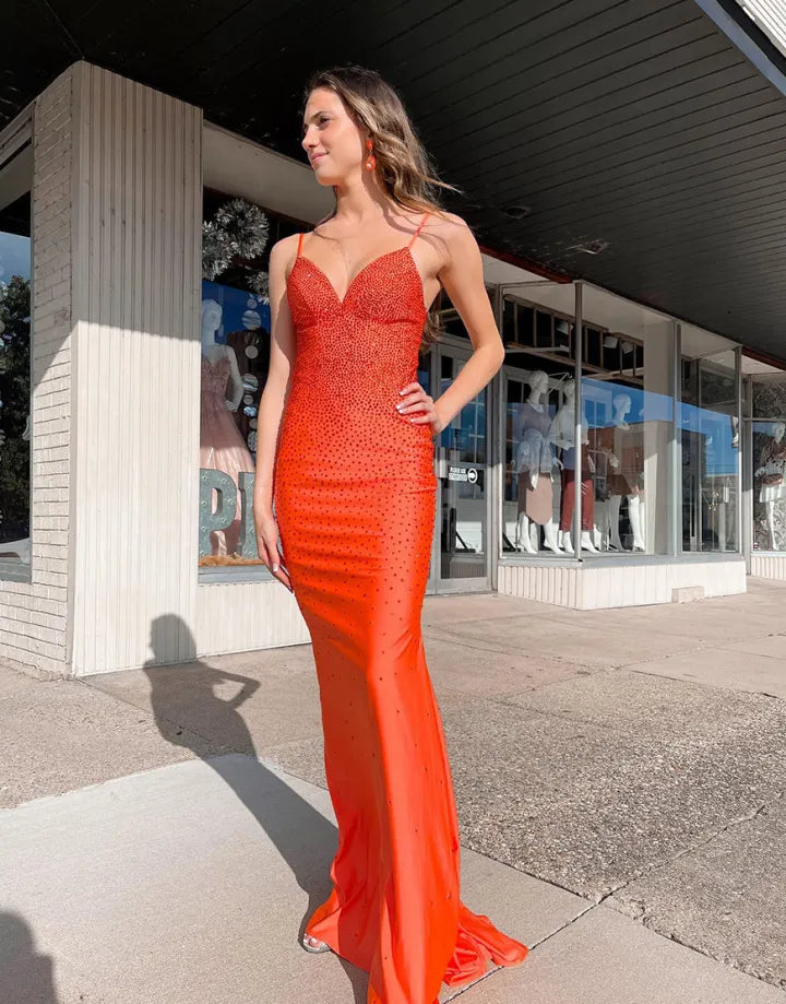 Wholesale Long Prom Dress V-neck Spaghetti Straps Bodycon With Beading