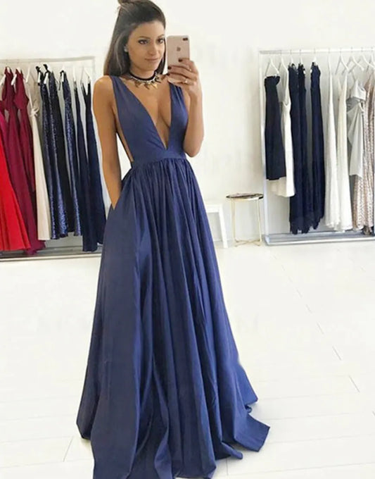 Wholesale Simple Deep V-Neck Open Back Prom Dress with Pockets