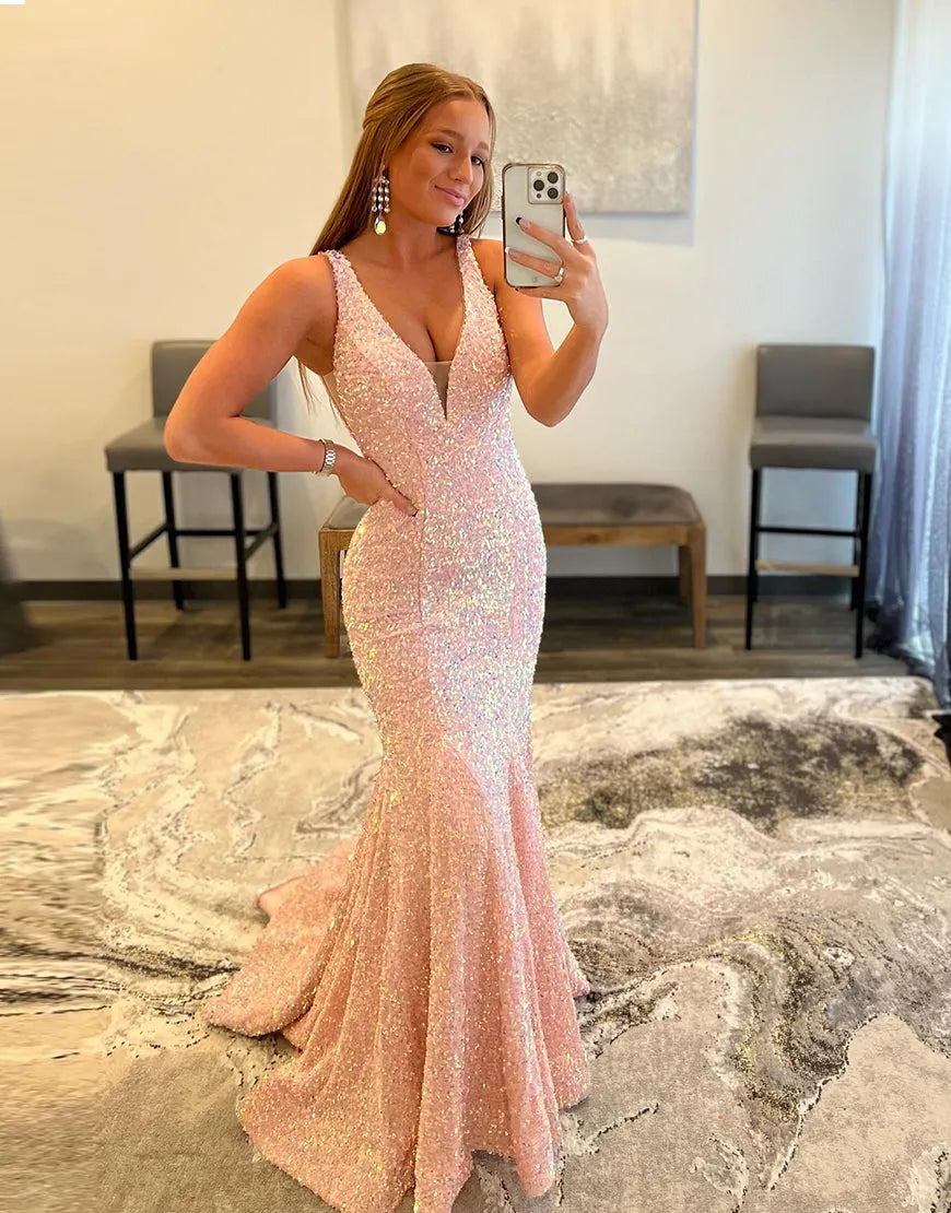 Wholesale Mermaid Sexy Glitter V Neck Long Prom Dress