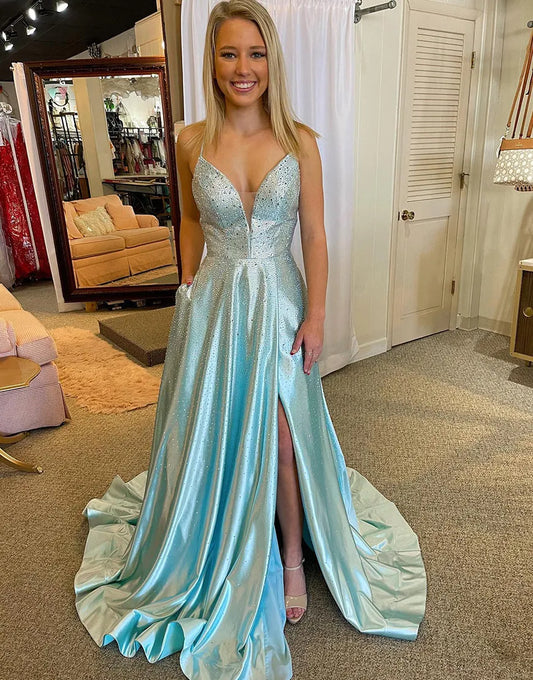 Wholesale Long Prom Dress A Line V Neck Blue Satin