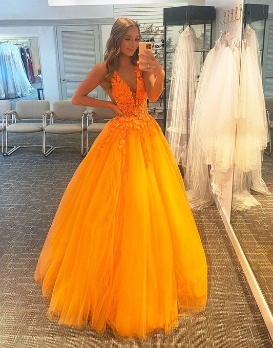 Wholesale Evening Dress A-Line Sleeveless Deep V-neck Prom Dress with Appliques