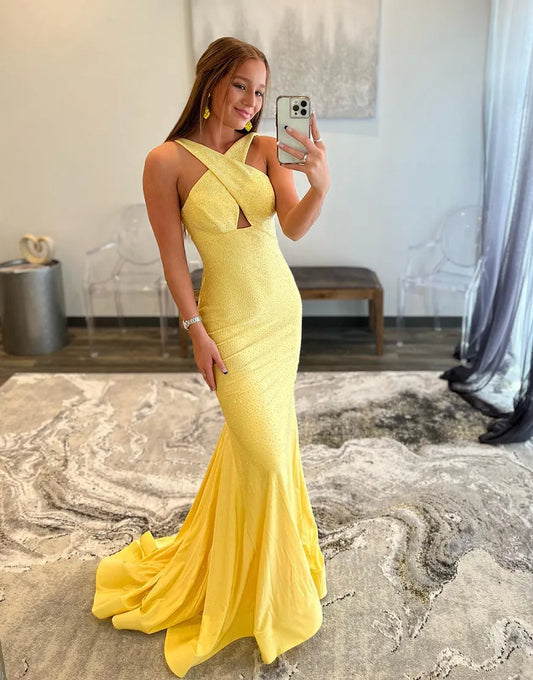 Wholesale Prom Dress Mermaid Halter Yellow Backless