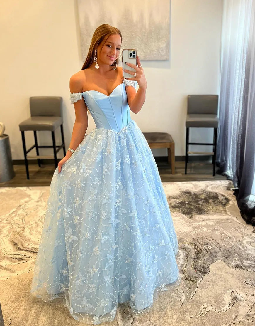 Wholesale A-Line Off-the-Shoulder Blue Long Prom Dress