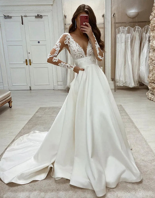 Wholesale Wedding Dress A-Line V Neck Lace Chiffon