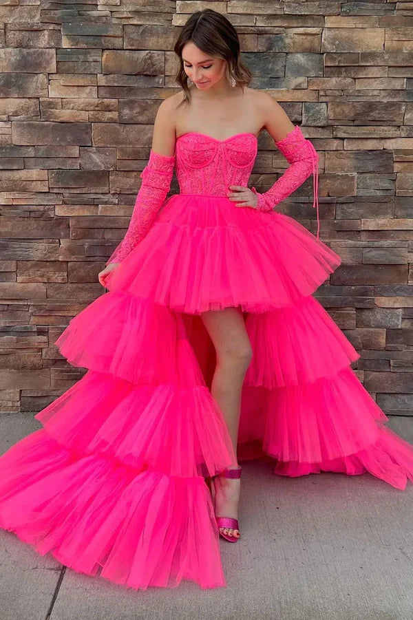 Wholesale Elegant A-Line Evening Dress Asymmetrical Strapless Tiered Tulle Prom Dress