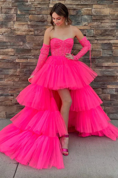 Wholesale Elegant A-Line Evening Dress Asymmetrical Strapless Tiered Tulle Prom Dress