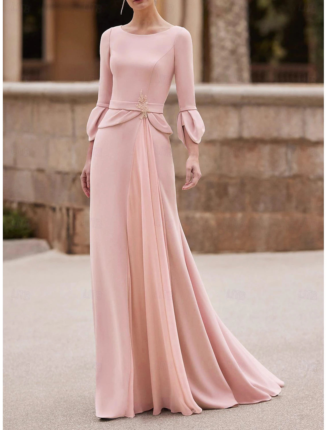 Wholesale Mermaid / Trumpet Mother of the Bride Dress Wedding Guest Elegant Jewel Neck Floor Length Chiffon Crepe 3/4 Length Sleeve with Crystal Brooch