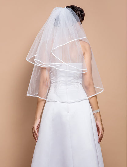 Wholesale Two-tier Ribbon Edge Wedding Veil Elbow Veils with Rhinestone 31.5 in (80cm) Tulle A-line, Ball Gown, Princess