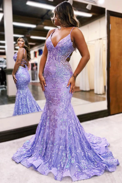 Wholesa Lilac Sequin Lace V-Neck Long Prom Dress