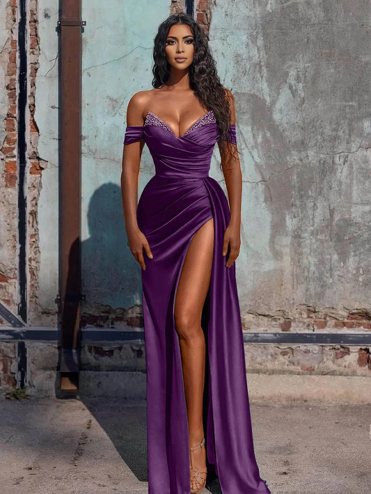 Wholesale Fashion Mermaid Evening Dress Satin Long Prom Dress with Slit