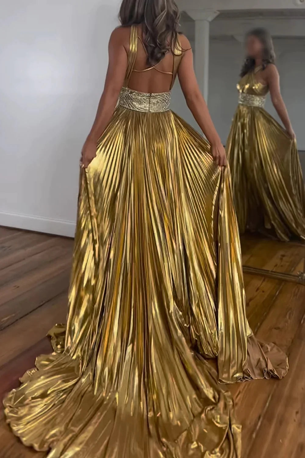 Wholesa Glitter Golden A-Line Beaded Metallic Long Prom Dress with Slit