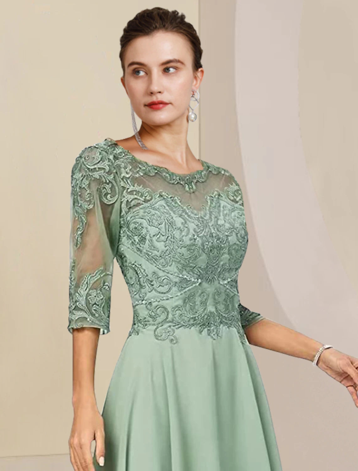 Wholesale Two Piece A-Line Mother of the Bride Dress Formal Wedding Guest Elegant High Low Scoop Neck Asymmetrical Tea Length Chiffon Lace Half Sleeve Wrap Included with Beading Appliques