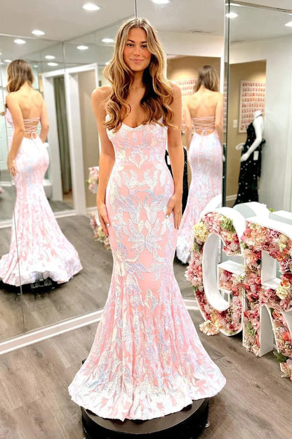 Wholesa Cute Mermaid Scoop Neck Blush Pink Satin Prom Dresses with Sequins Lace