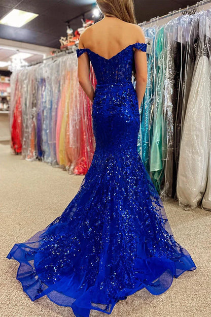 Aimishang Mermaid Prom Dress Gold Lace Off the Shoulder Sequin Evening Dress