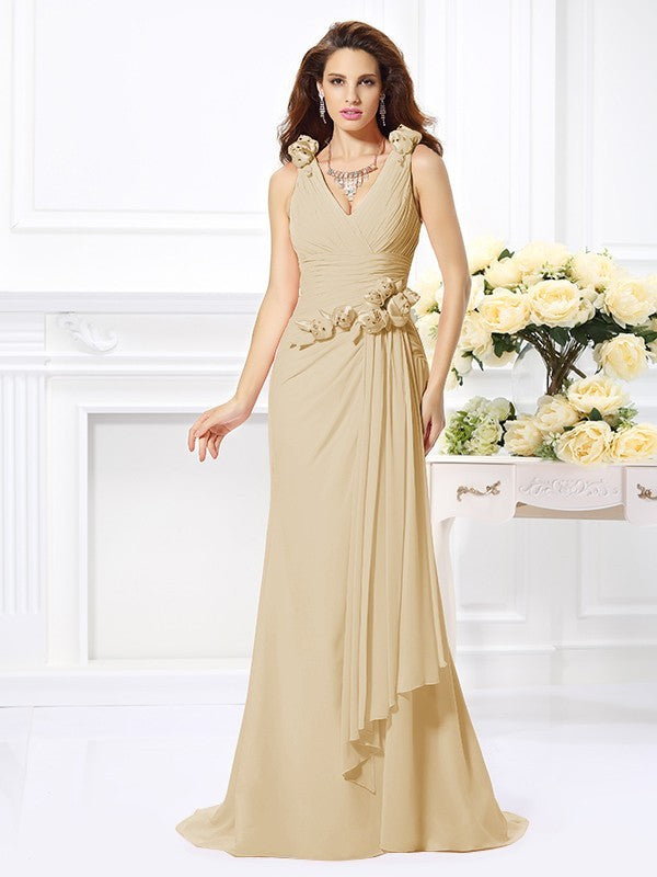 Wholesale Mermaid Chiffon V-neck Sleeveless Sweep/Brush Train With Hand-Made Flower Bridesmaid Dresses