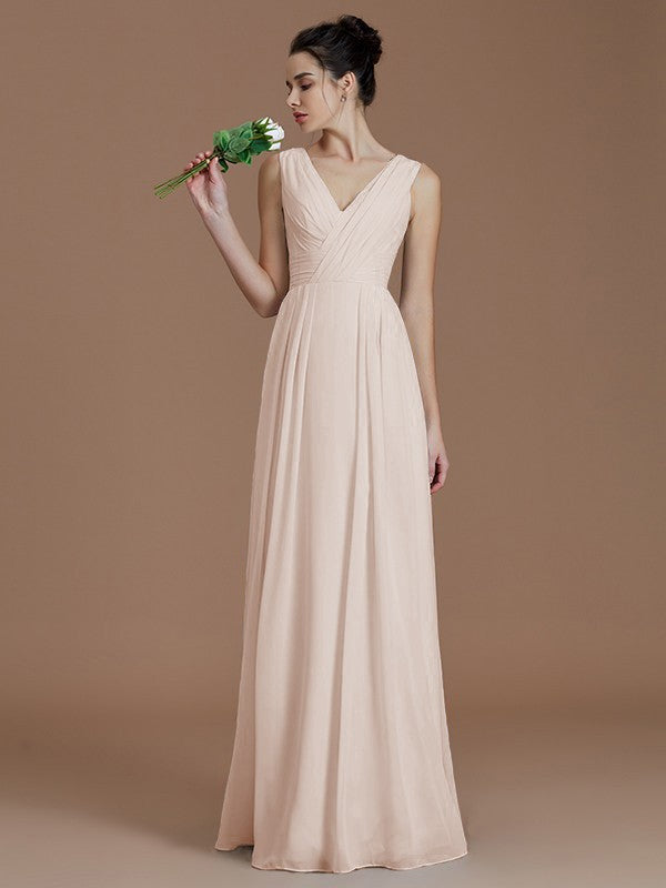 Wholesale A-Line V-neck Sleeveless With Ruched Floor-Length Chiffon Bridesmaid Dresses