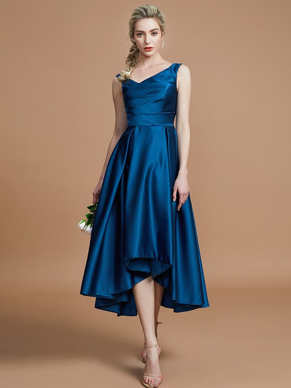 Wholesale A-Line V-neck Satin Asymmetrical Sleeveless Bridesmaid Dresses