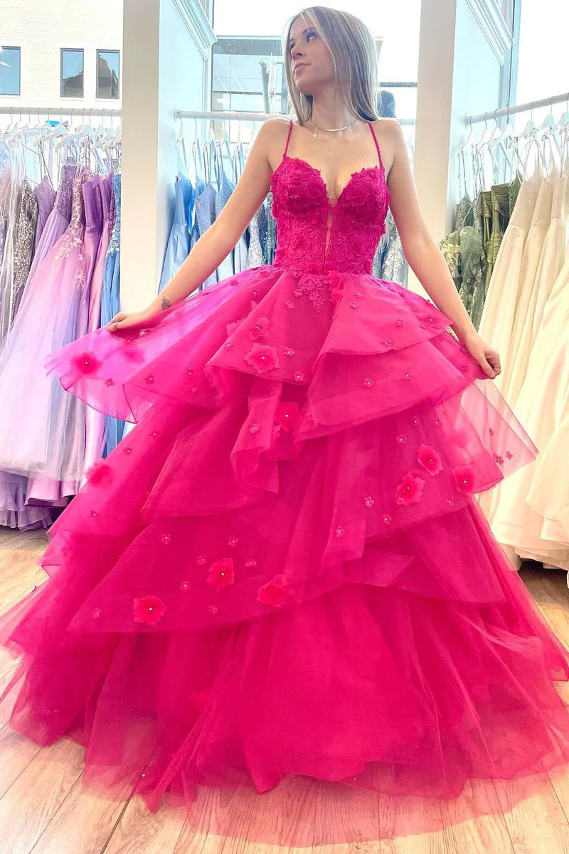 Wholesa Hot Pink Sweetheart Tiered Tulle Long Prom Dresses with Appliques