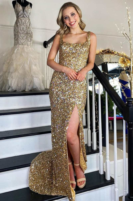 Wholesa Gold Sequin Square Neck Backless Mermaid Long Formal Dress with Slit