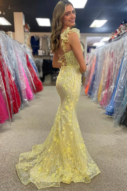 Wholesa Yellow Floral Lace Sweetheart Mermaid Long Prom Dress