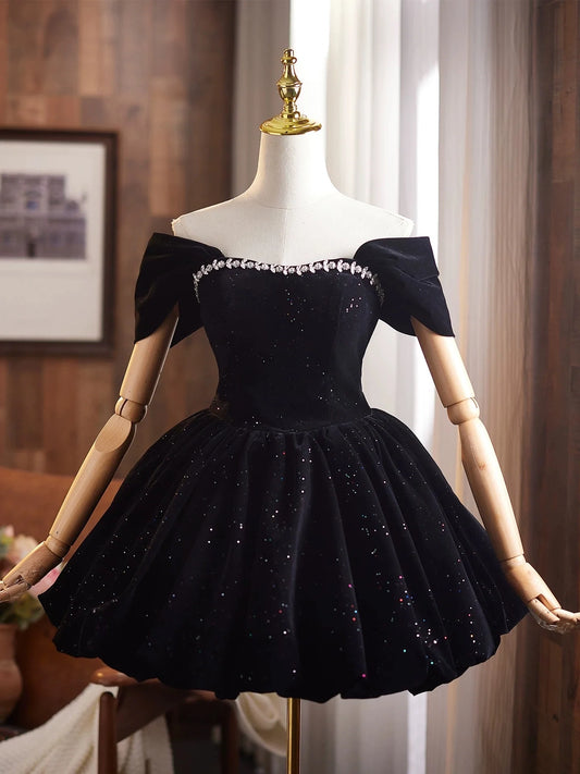 Aimishang Pretty Off the Shoulder A Line Black Short Formal Prom Dress Shiny Homecoming Dress