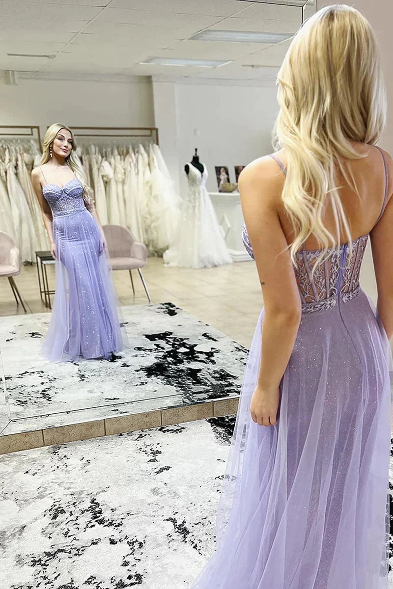 Wholesa Lilac Sweetheart Sequins Long Prom Dresses with Appliques