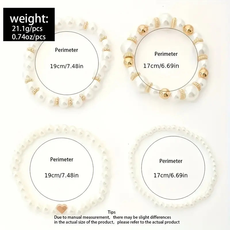 Wholesale 4-Piece White Faux Pearl Beaded Bracelet Set, Bohemian & Vacation Style, Timeless Handcrafted Jewelry, Elegant & Dainty with Adjustable Fit, Perfect Fashion Accessory for Any Occasion