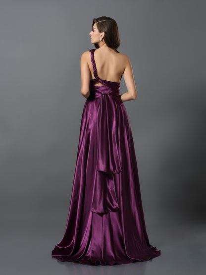 Wholesale A-Line Silk like Satin V-neck Sleeveless Sweep/Brush Train With Pleats Convertible Bridesmaid Dresses