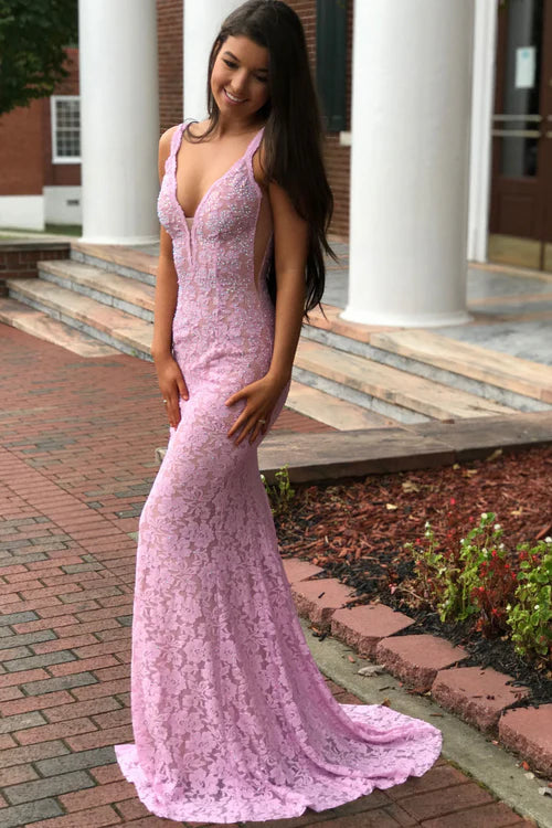 Wholesale Elegant Mermaid Evening Dress V-Neck Pink Lace Prom Dress