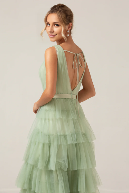 Wholesale Tulle A-Line Prom Dresses V Neck Tiered Maxi Dress With Slit Grey Green